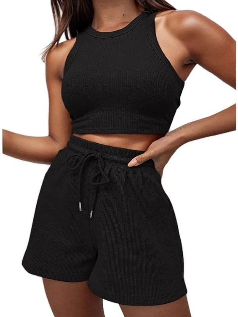 Waffle Texture Sleeveless Vest and Drawstring Shorts