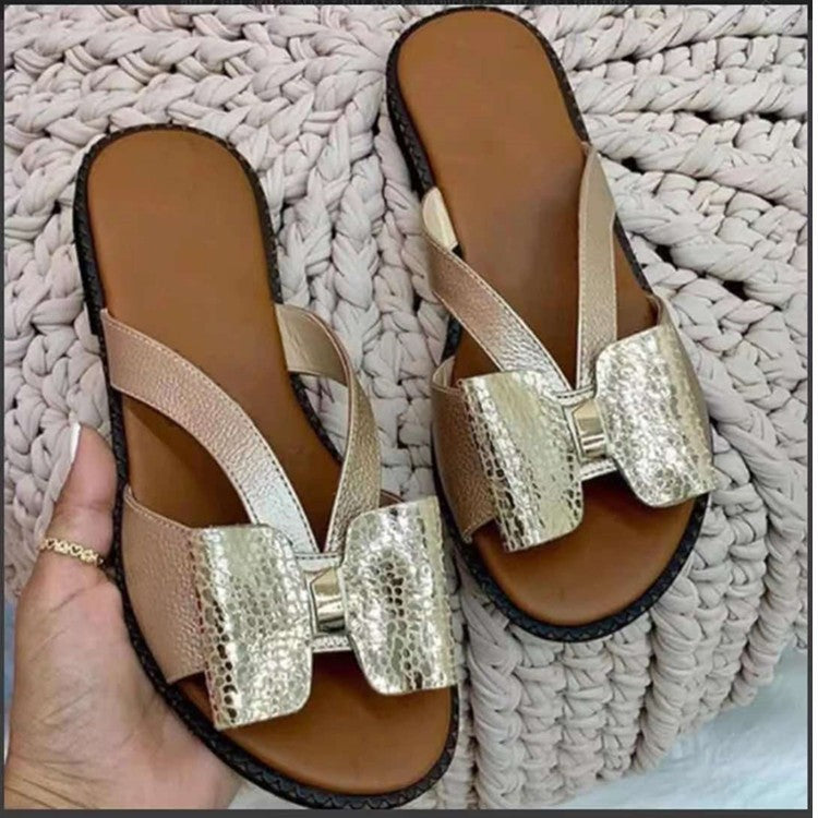 Casual flat color-blocked bow slippers