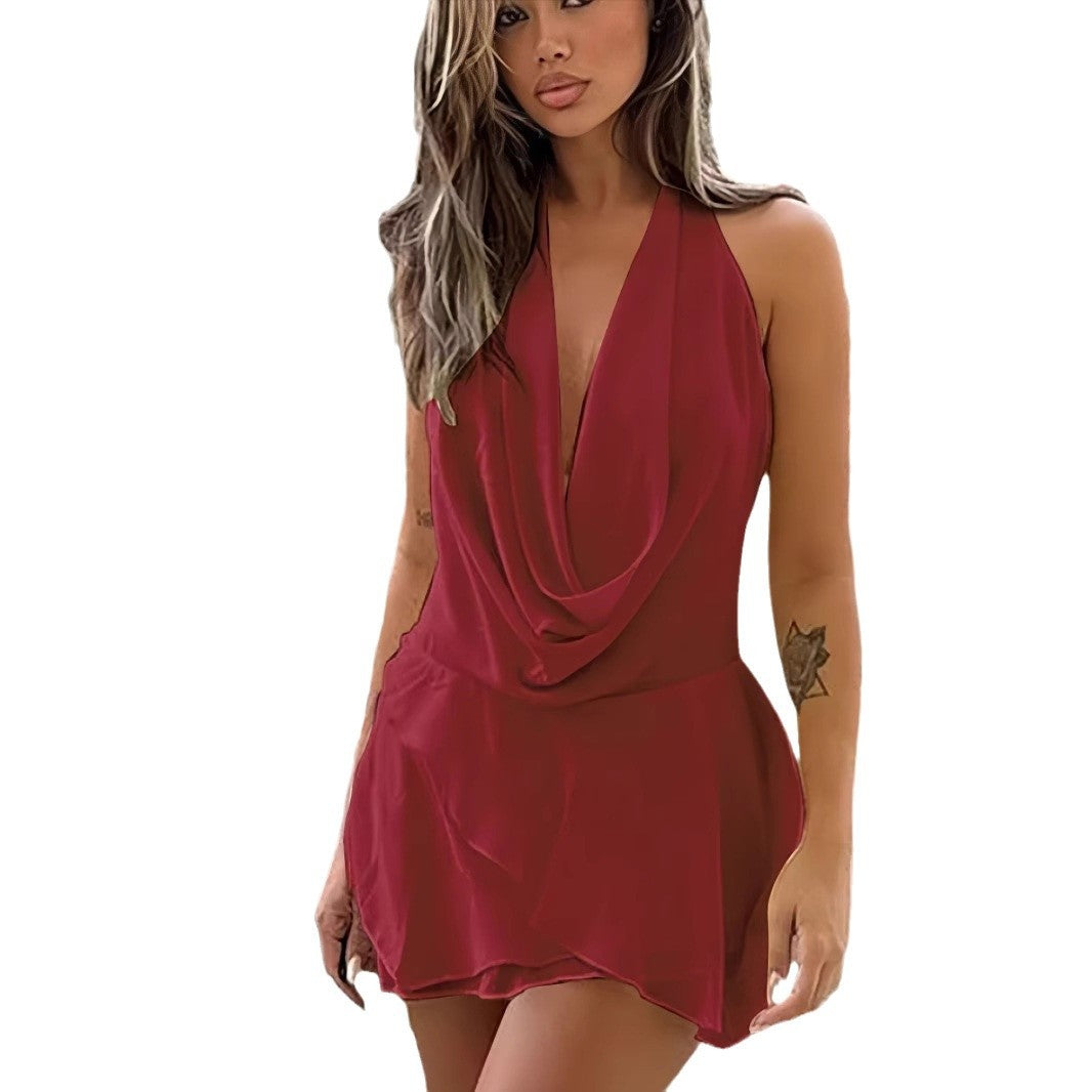 Pure desire hot girl chiffon neck deep V low collar dress autumn and winter new high sense solid color sleeveless skirt