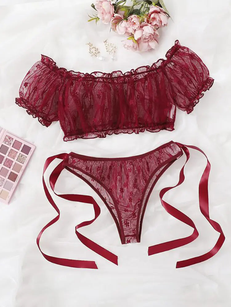 Plus Size Lace Off-Shoulder Lingerie Set (Two Pieces)
