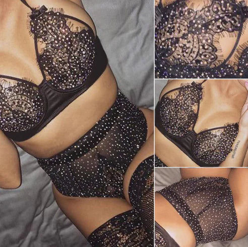 bre Lace and Mesh Rhinestone Lingerie Bikini Set