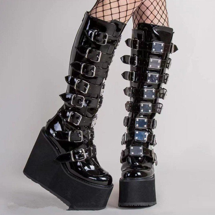 Women's Metal Buckle Platform Knee High Boots