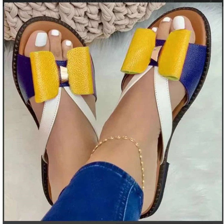 Casual flat color-blocked bow slippers