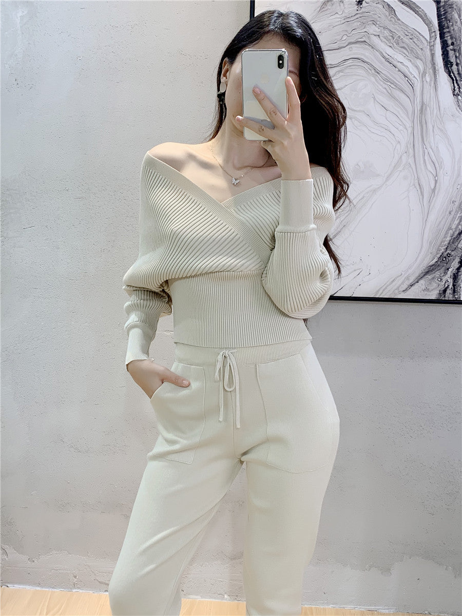 Petite Double V-Neck Off-Shoulder Knit Two-Piece Set for Women