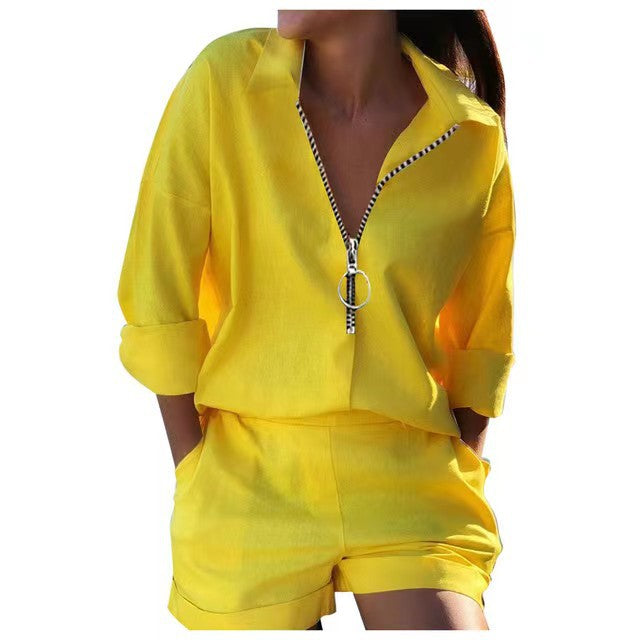 Women's printed zipper shirt and shorts