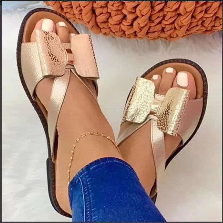 Casual flat color-blocked bow slippers