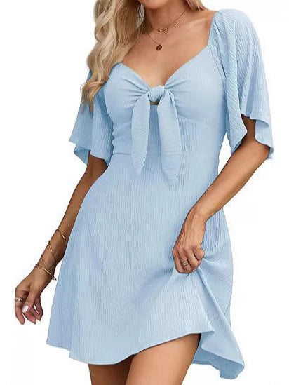 V-neck Bow Tie Short Sleeve Mini Dress