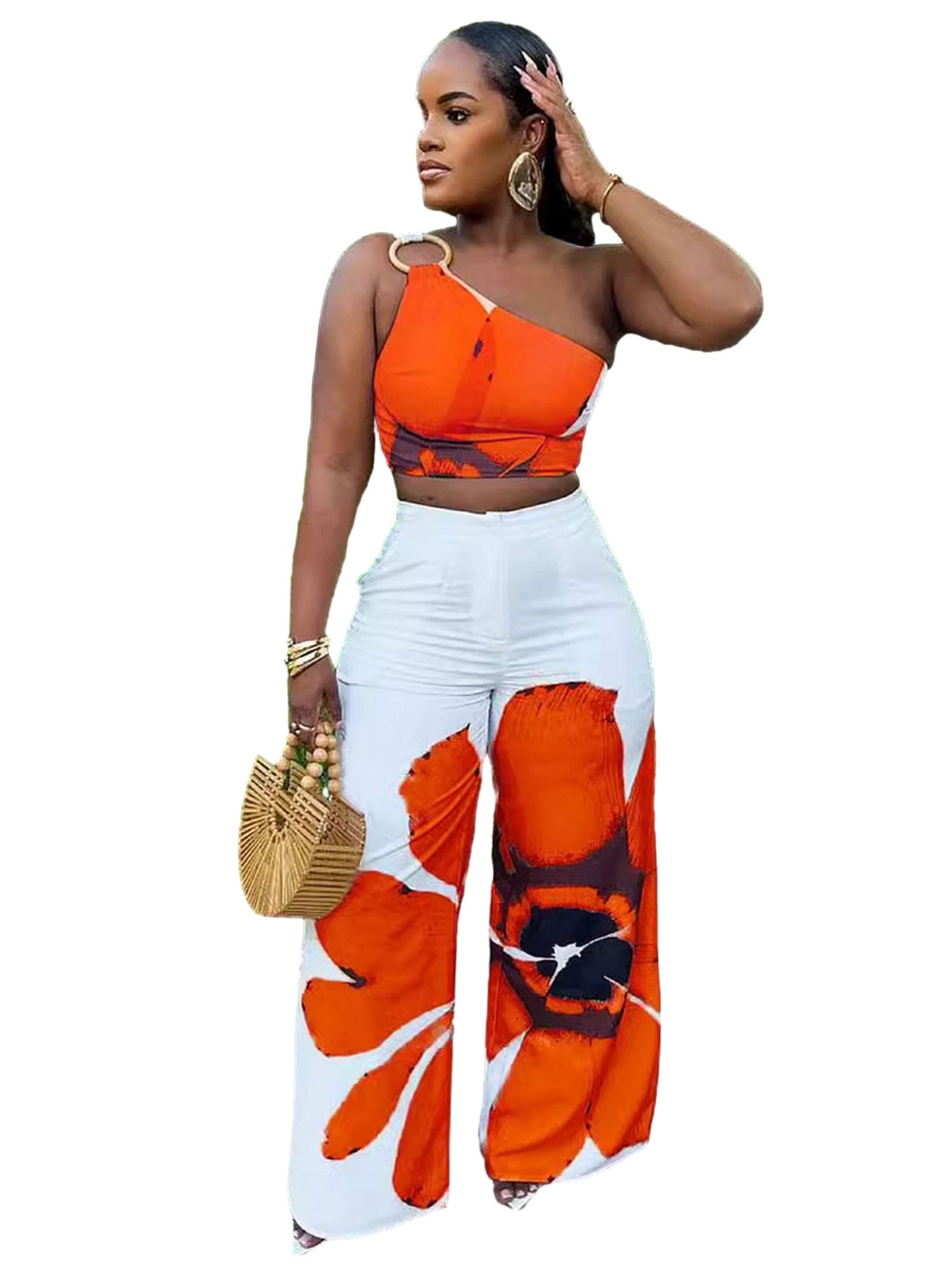 Floral Print Slim-fit Women's Two-piece Pants Set