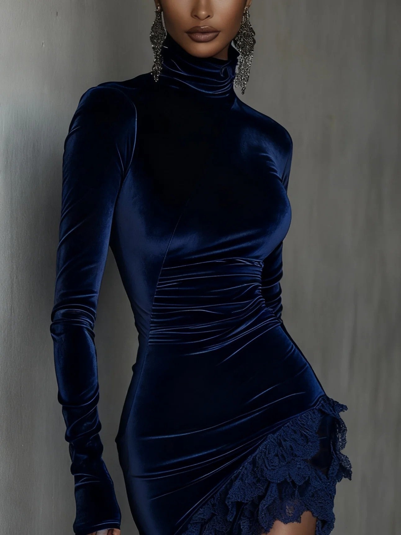 Velvet High Neck Lace Hem Dress