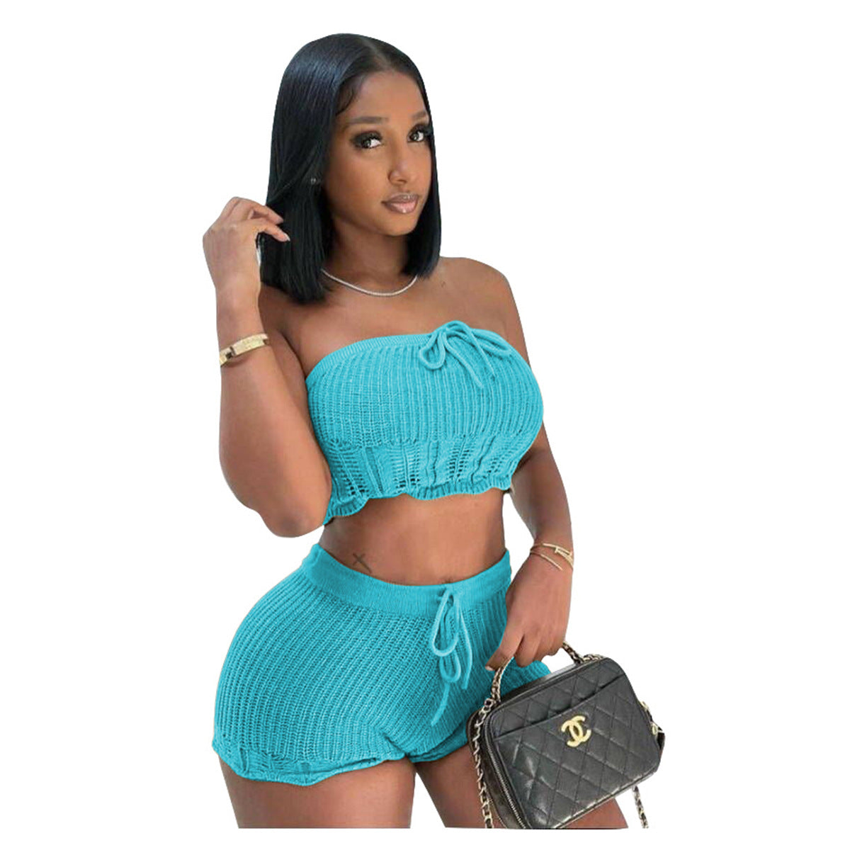 Knitted tube top and shorts