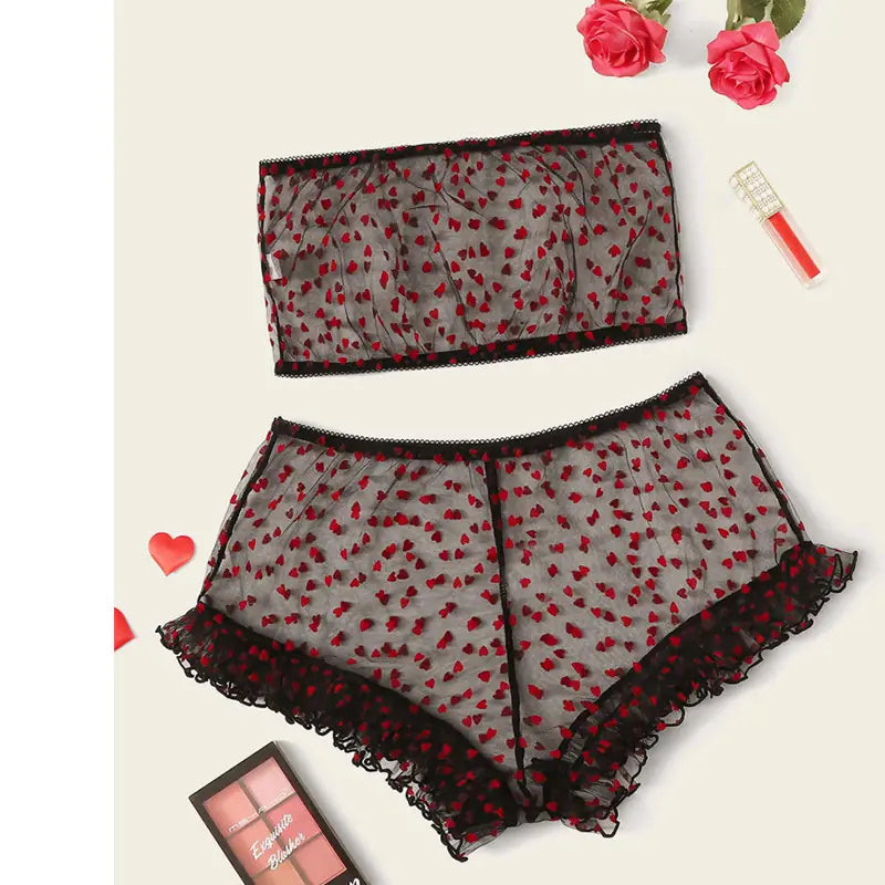 Red Heart Padded Lingerie Set with Polka Dot Mesh