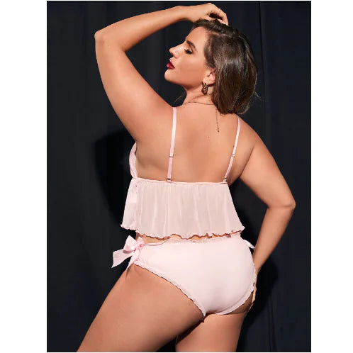 Plus Size Floral Jacquard Ruffle Trim Lingerie Set