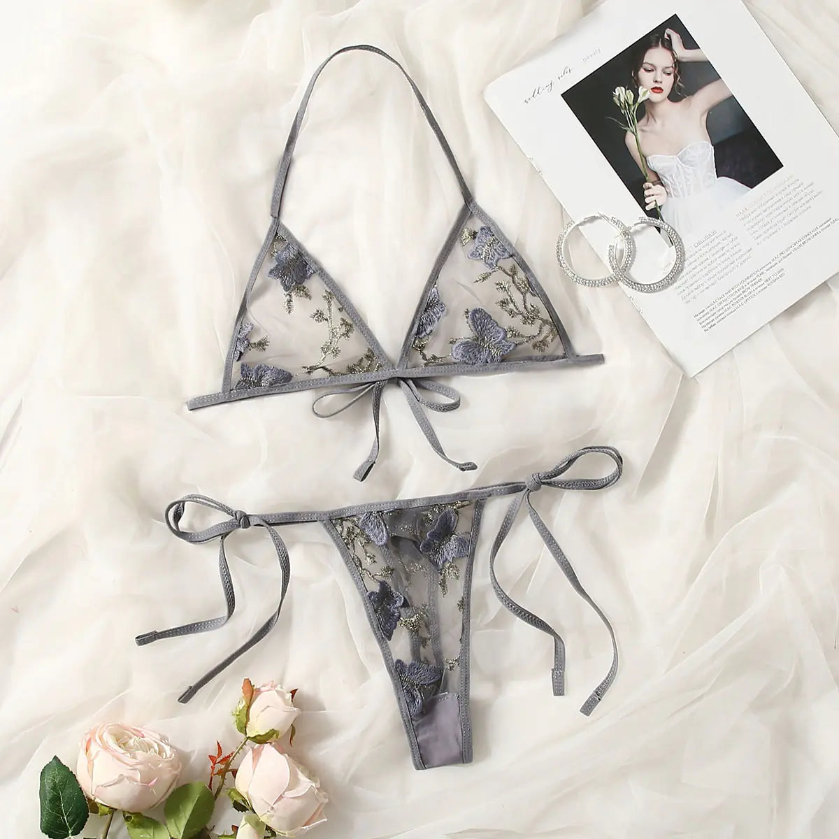Lingerie Set with Embroidered Bra and T-Back Panty