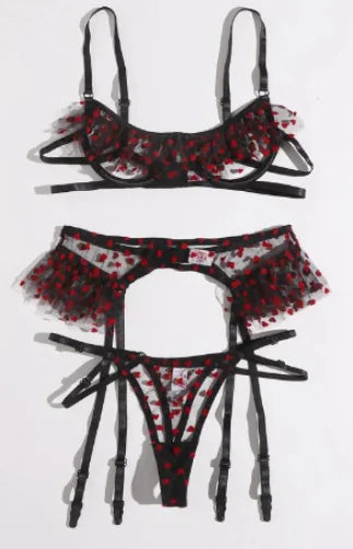 Sexy Vday Lingerie Set with Heart Dot Ruffles (One Set)