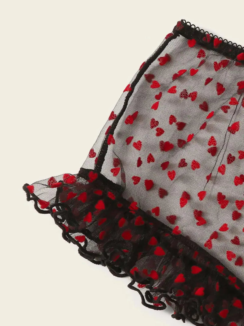 Red Heart Padded Lingerie Set with Polka Dot Mesh