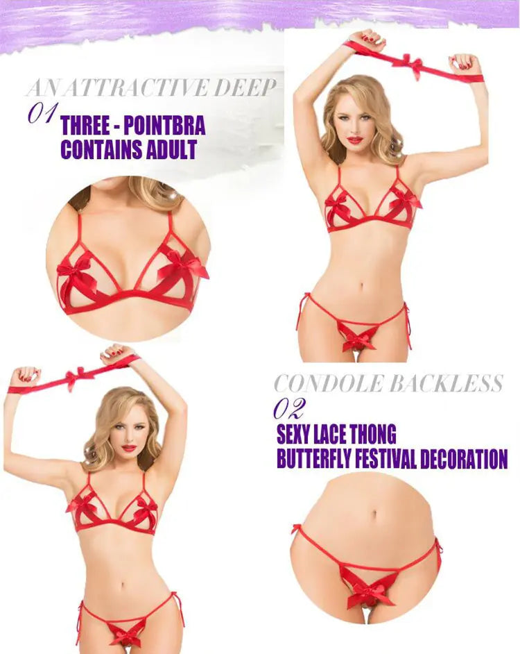 Red Bow Cut-Out Lingerie Set for Women