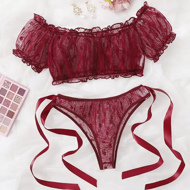 Plus Size Lace Off-Shoulder Lingerie Set (Two Pieces)