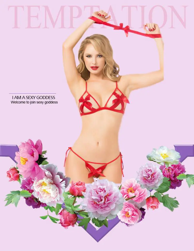 Red Bow Cut-Out Lingerie Set for Women