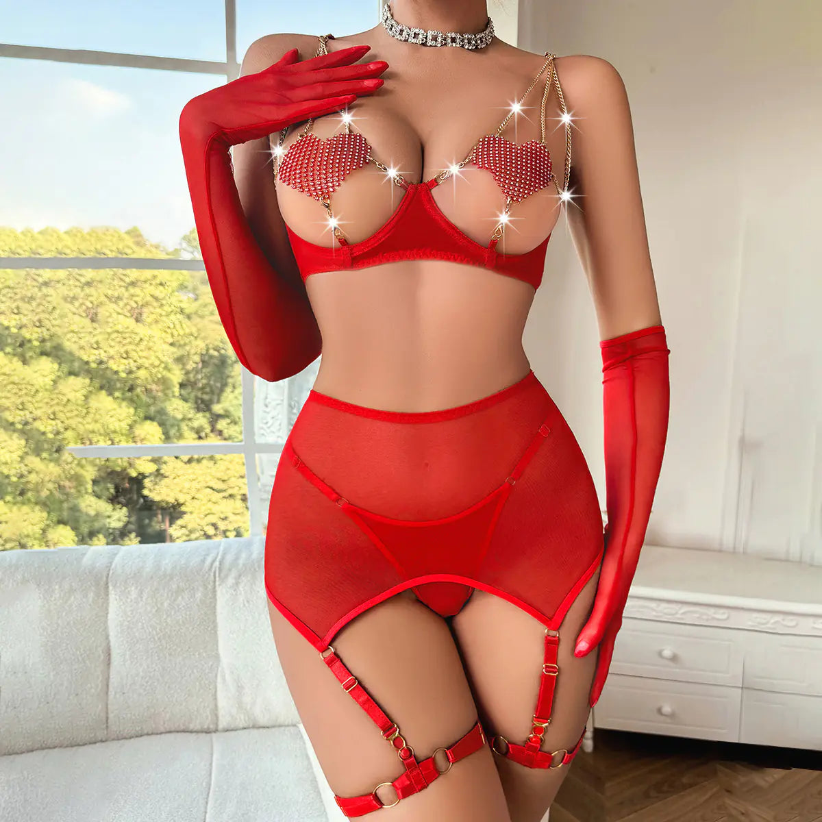 Sexy Sheer Lingerie Set with Heart Chains (5 Pieces)
