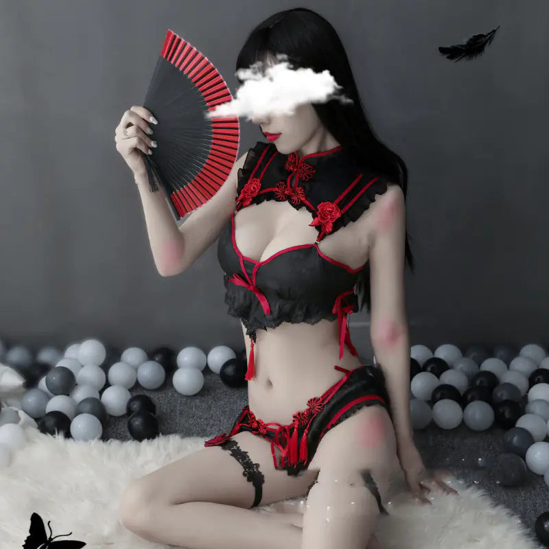 Lingerie Set with Embroidered Cheongsam and Tassels