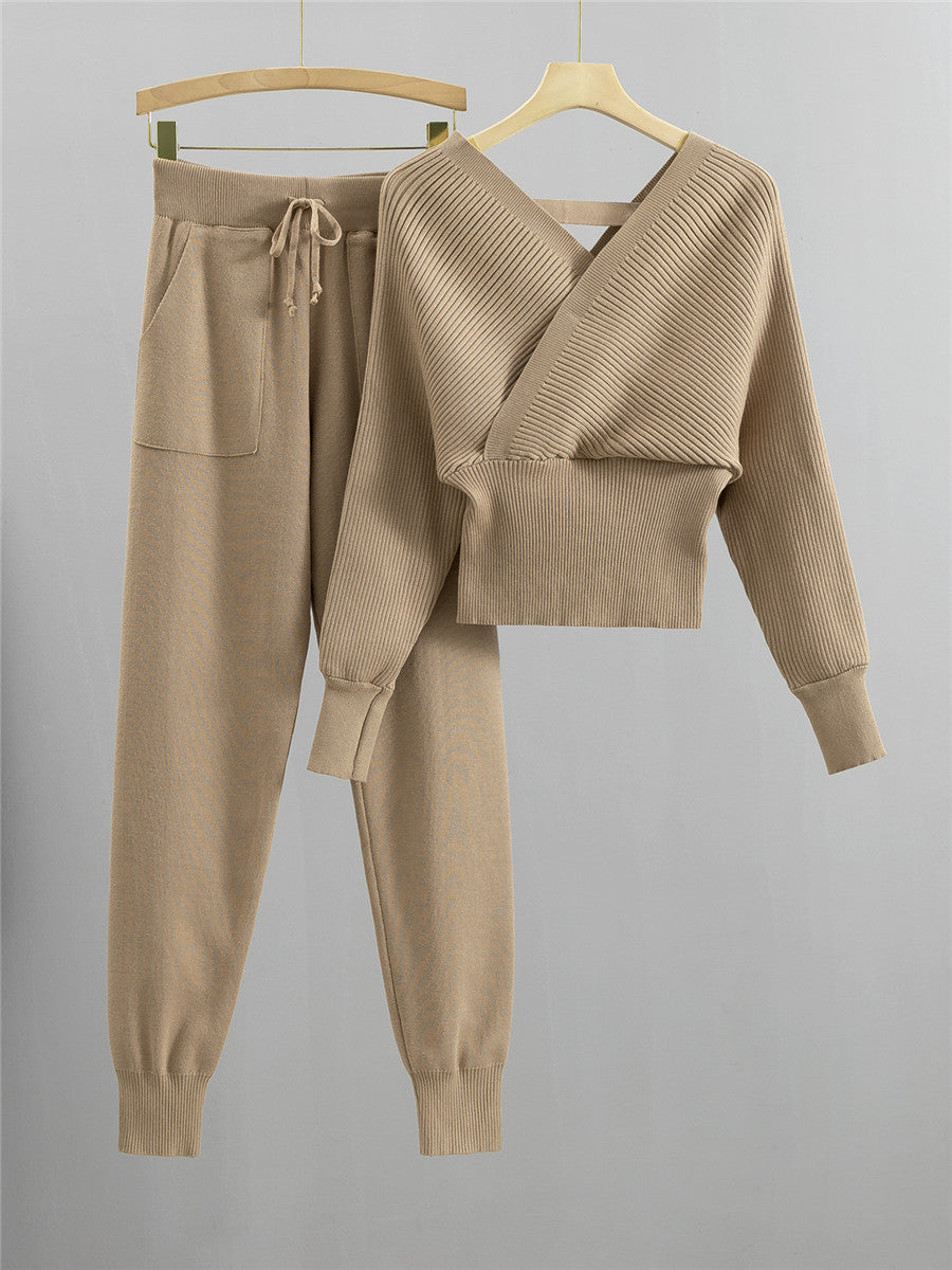 Petite Double V-Neck Off-Shoulder Knit Two-Piece Set for Women