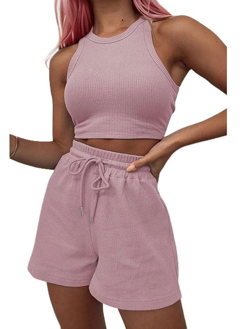 Waffle Texture Sleeveless Vest and Drawstring Shorts
