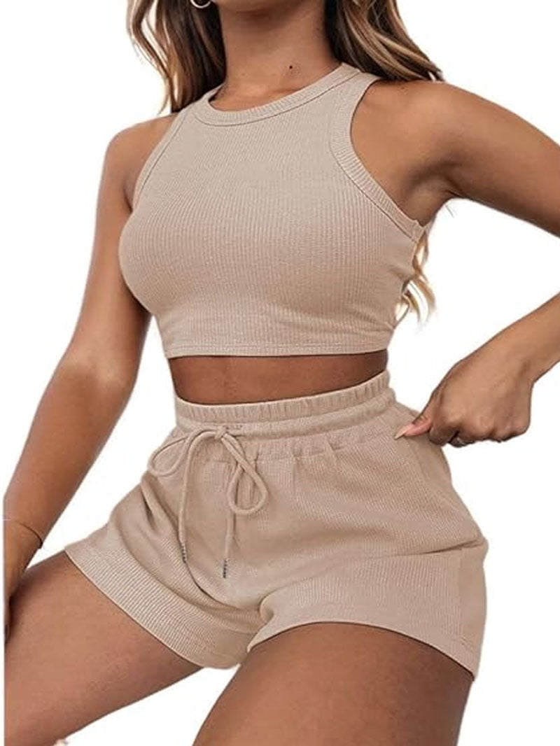 Waffle Texture Sleeveless Vest and Drawstring Shorts