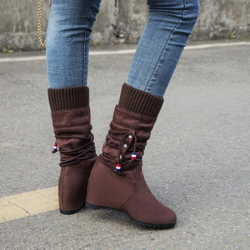 Women's Suede Wedge Mid-Calf Boots with Stretch Fit