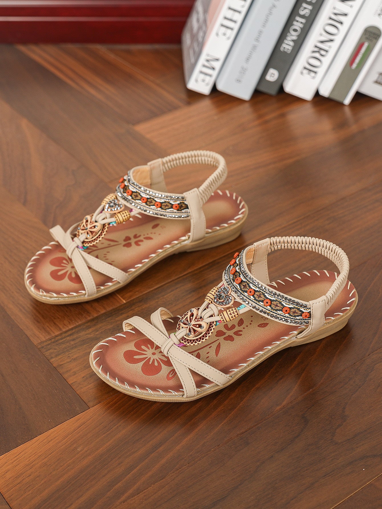 women's flat shoes with handcrafted wooden buttons, bowknots, and rhinestones