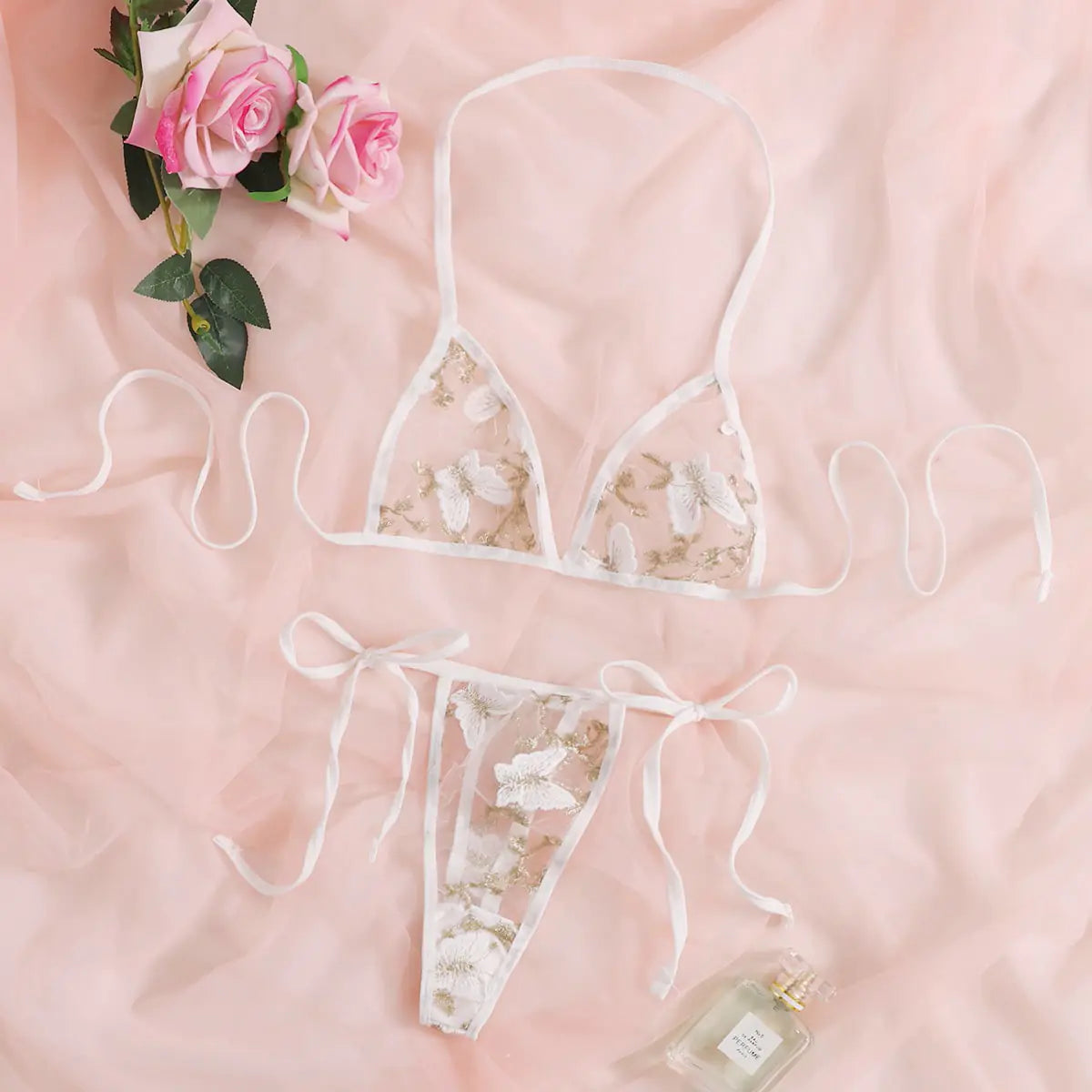 Lingerie Set with Embroidered Bra and T-Back Panty
