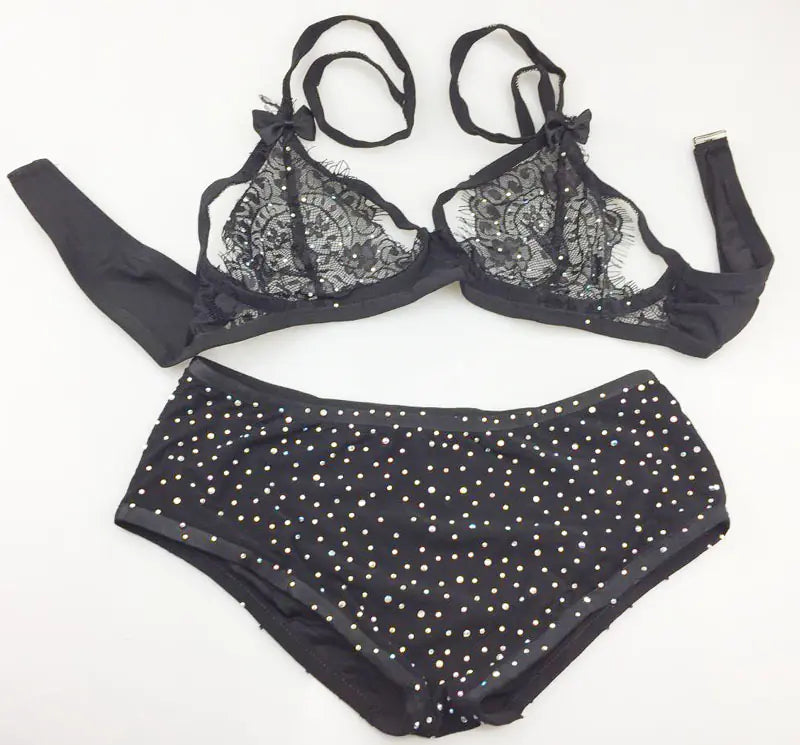 bre Lace and Mesh Rhinestone Lingerie Bikini Set