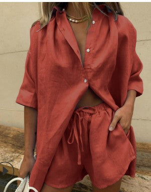 Womens Summer Short Sleeve Shirt and Shorts Set