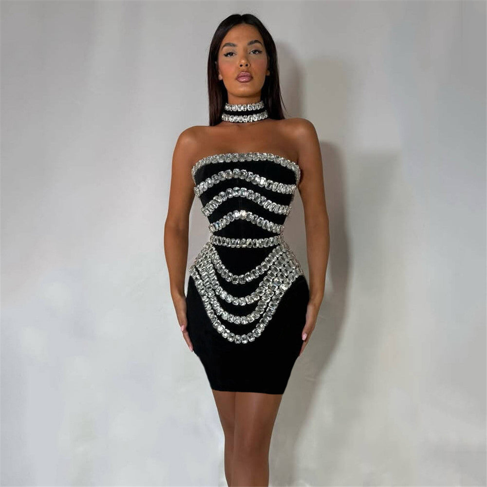 Rhinestone Bodycon Tube Top Evening Dress