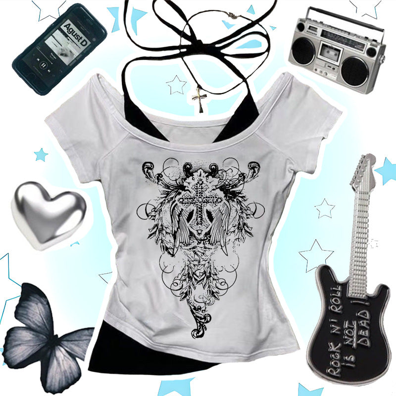 Gothic Print Fake Two-Piece T-Shirt
