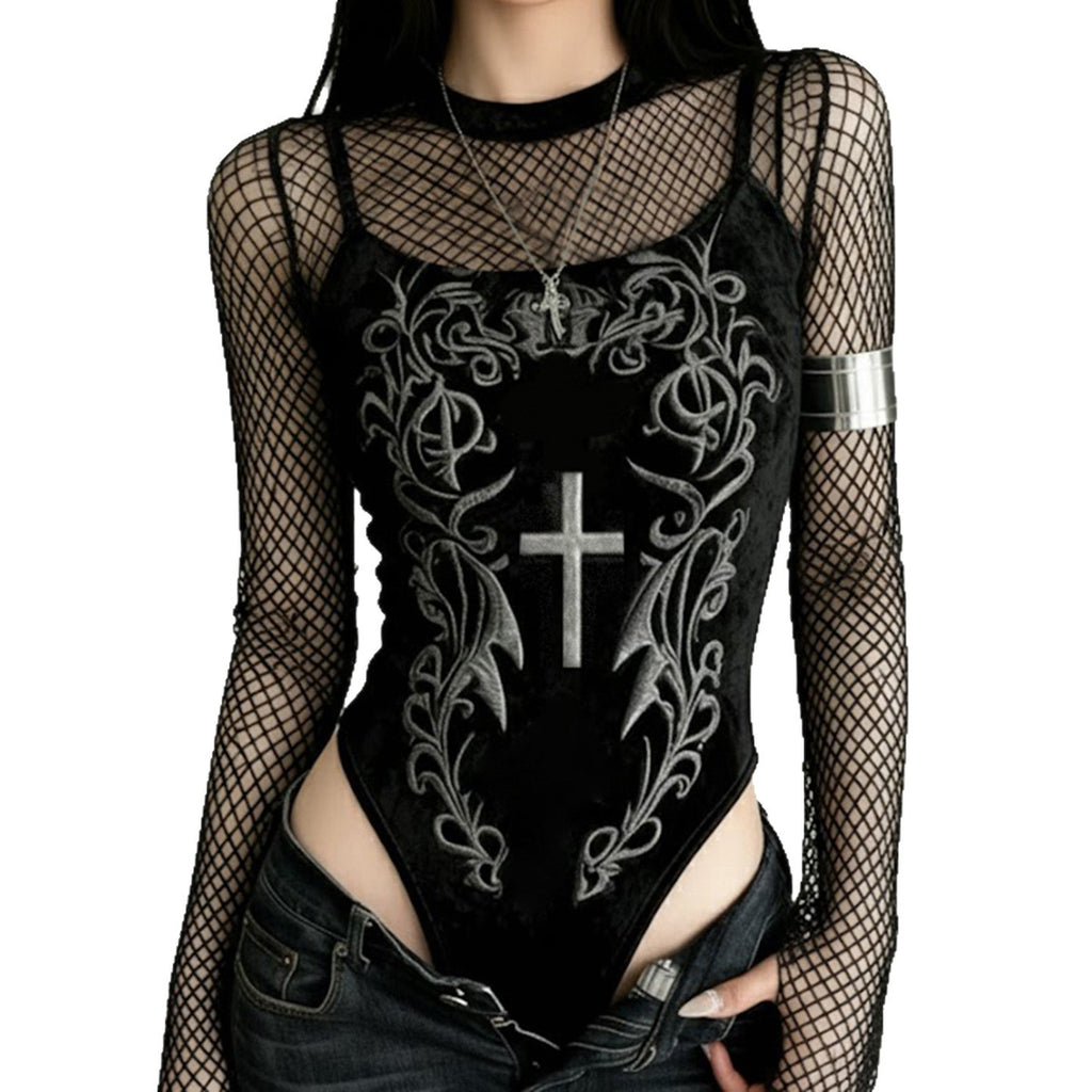 Velvet Mesh Patchwork Bodysuit with Vintage Pattern