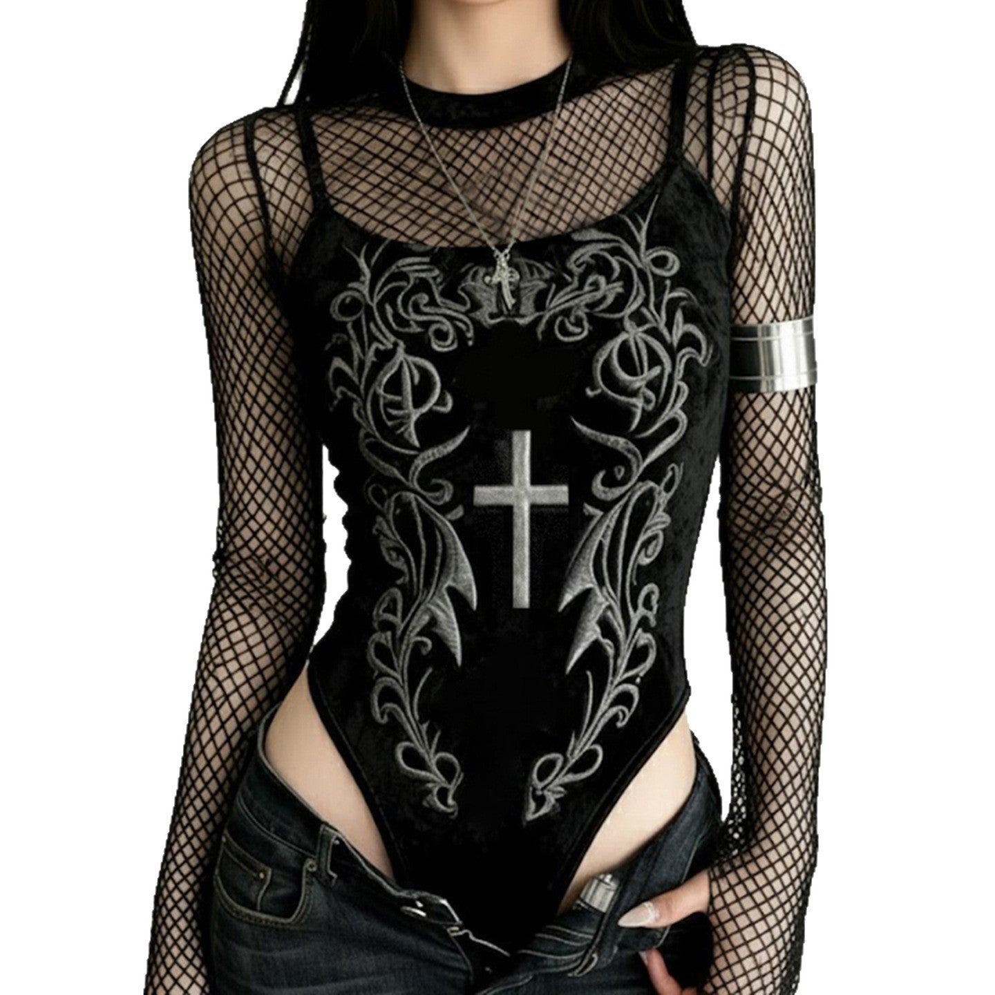 Velvet Mesh Patchwork Bodysuit with Vintage Pattern