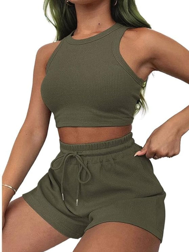 Waffle Texture Sleeveless Vest and Drawstring Shorts