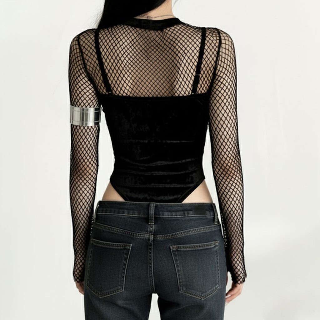 Velvet Mesh Patchwork Bodysuit with Vintage Pattern