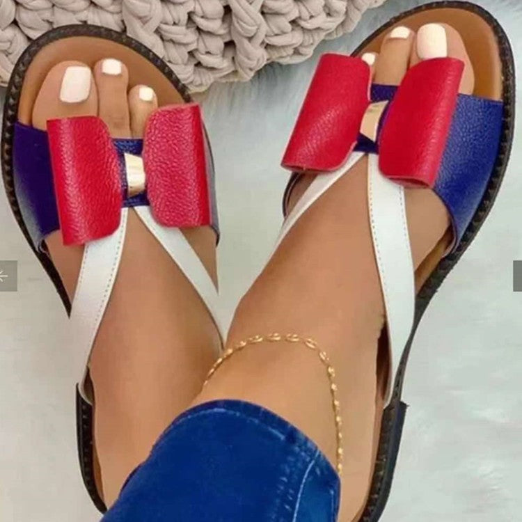 Casual flat color-blocked bow slippers