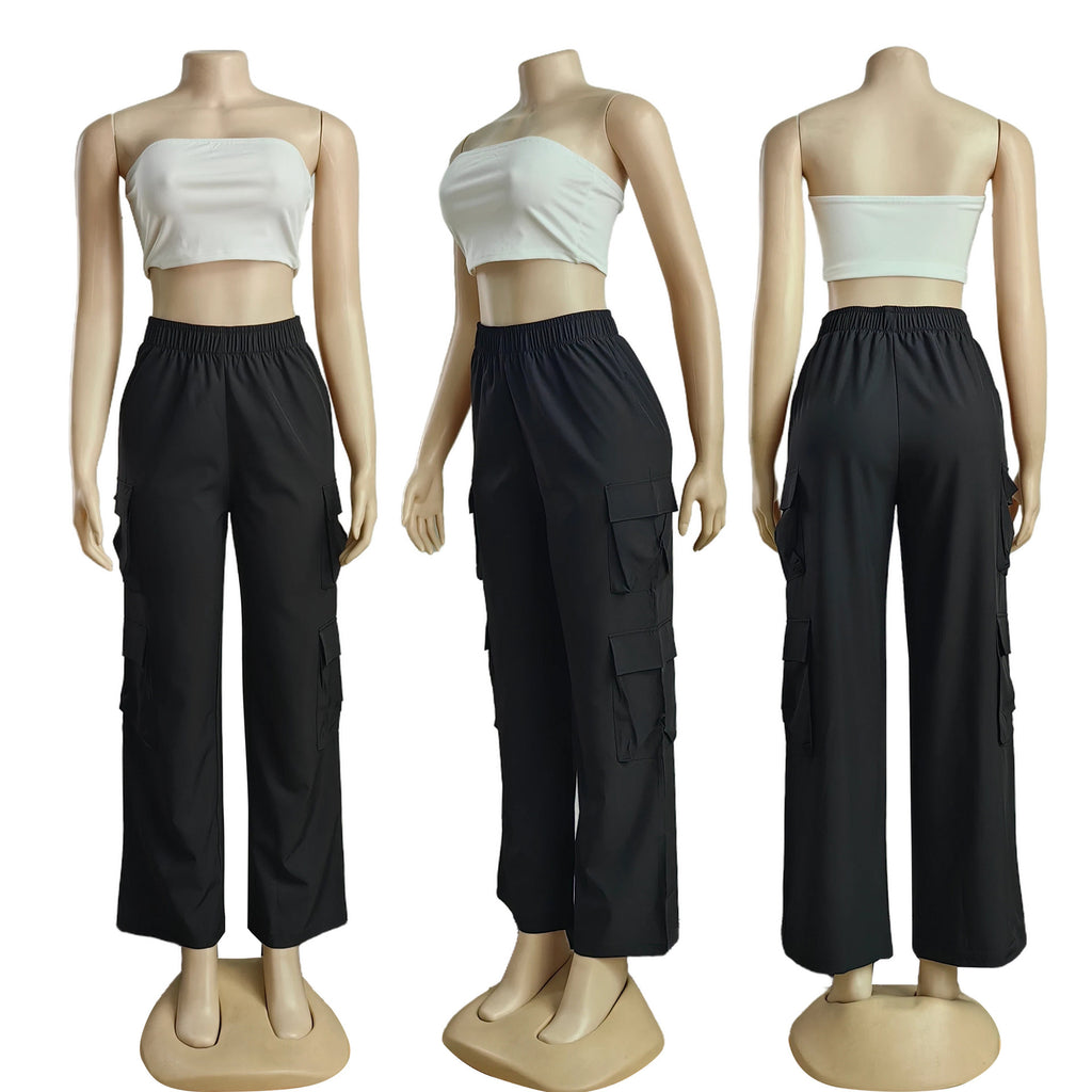 Womens Casual Multi-Pocket Solid Color Cargo Pants Straight Leg Mid-Rise Pants