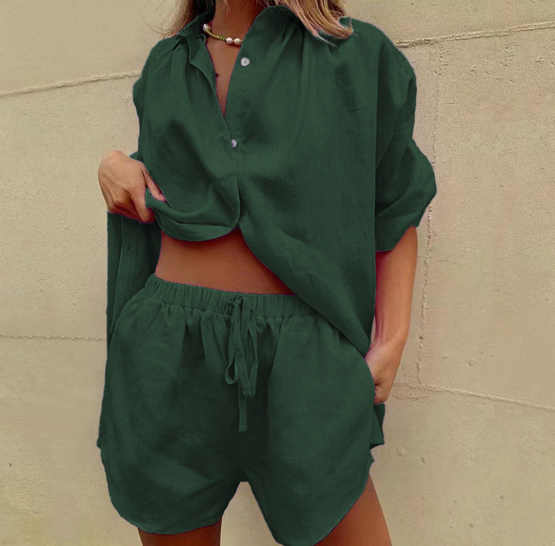 Womens Summer Short Sleeve Shirt and Shorts Set