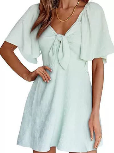V-neck Bow Tie Short Sleeve Mini Dress