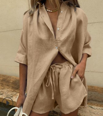 Womens Summer Short Sleeve Shirt and Shorts Set