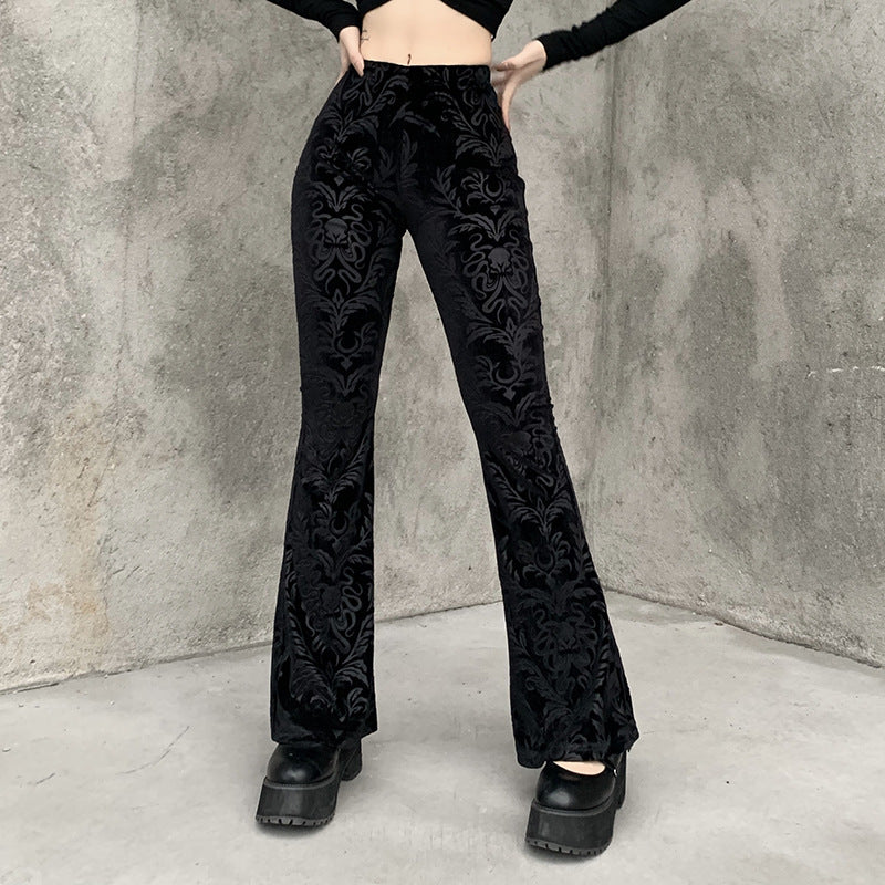 Womens Flared Suede Embossed High Waist Casual Pants