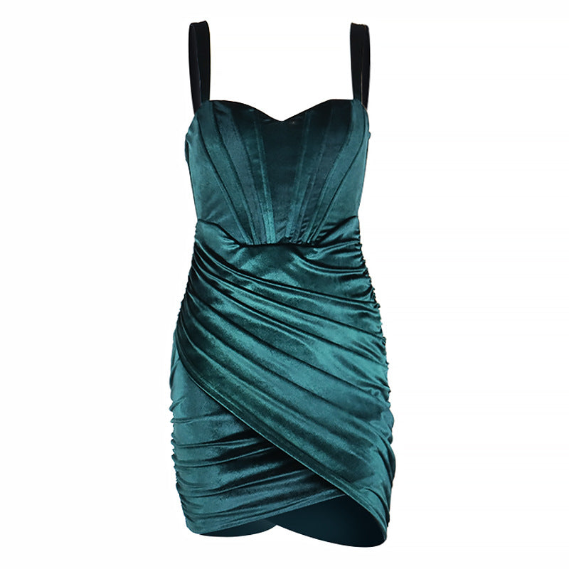 Women's Velvet Pleated Backless Bodycon Dress