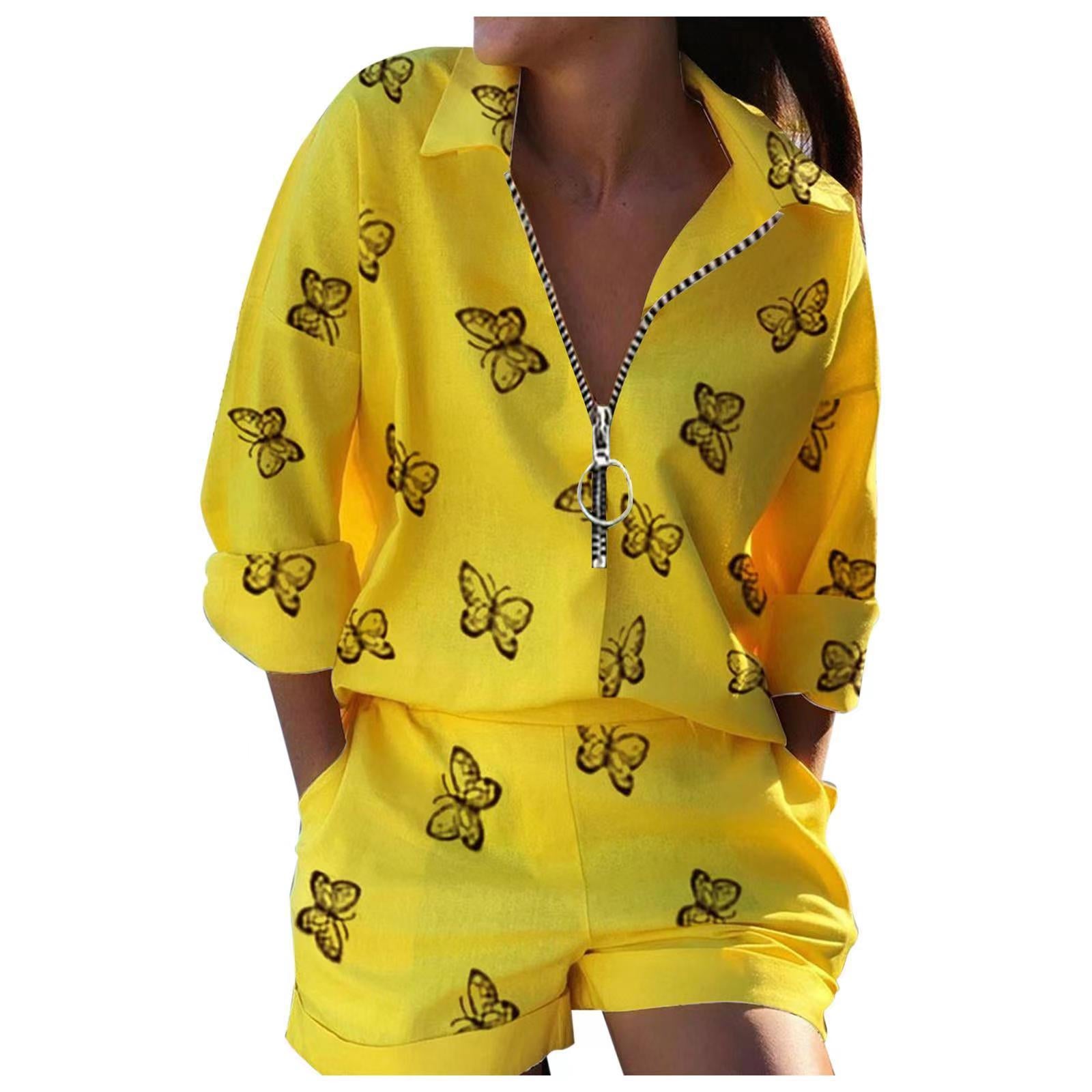 Women's printed zipper shirt and shorts