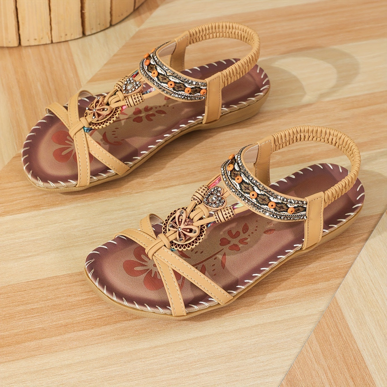 women's flat shoes with handcrafted wooden buttons, bowknots, and rhinestones