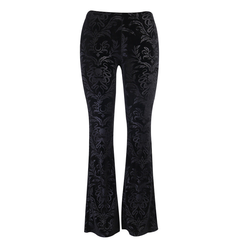 Womens Flared Suede Embossed High Waist Casual Pants