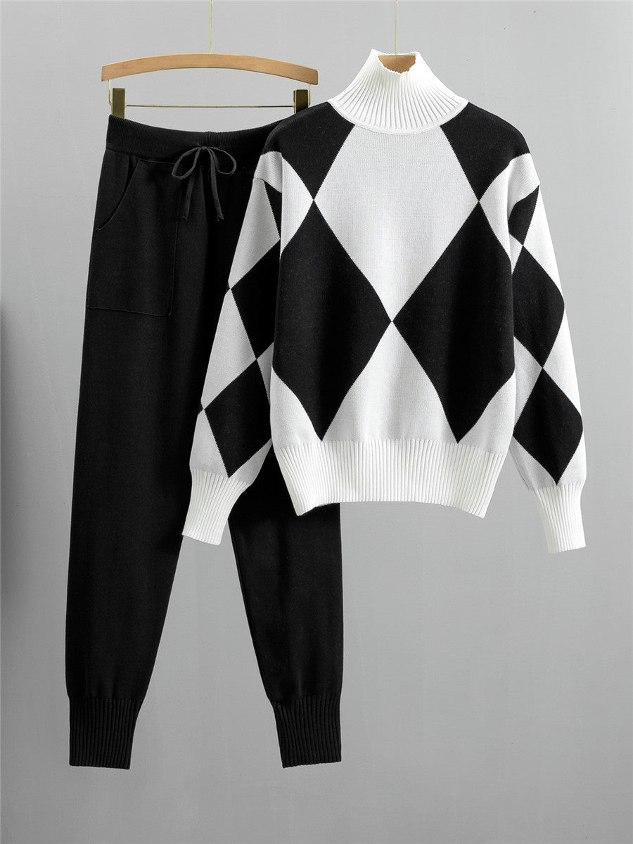 Women Knitted Plaid Two Piece Set