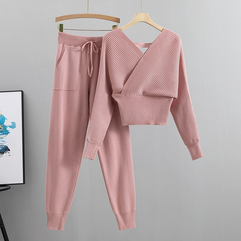 Petite Double V-Neck Off-Shoulder Knit Two-Piece Set for Women